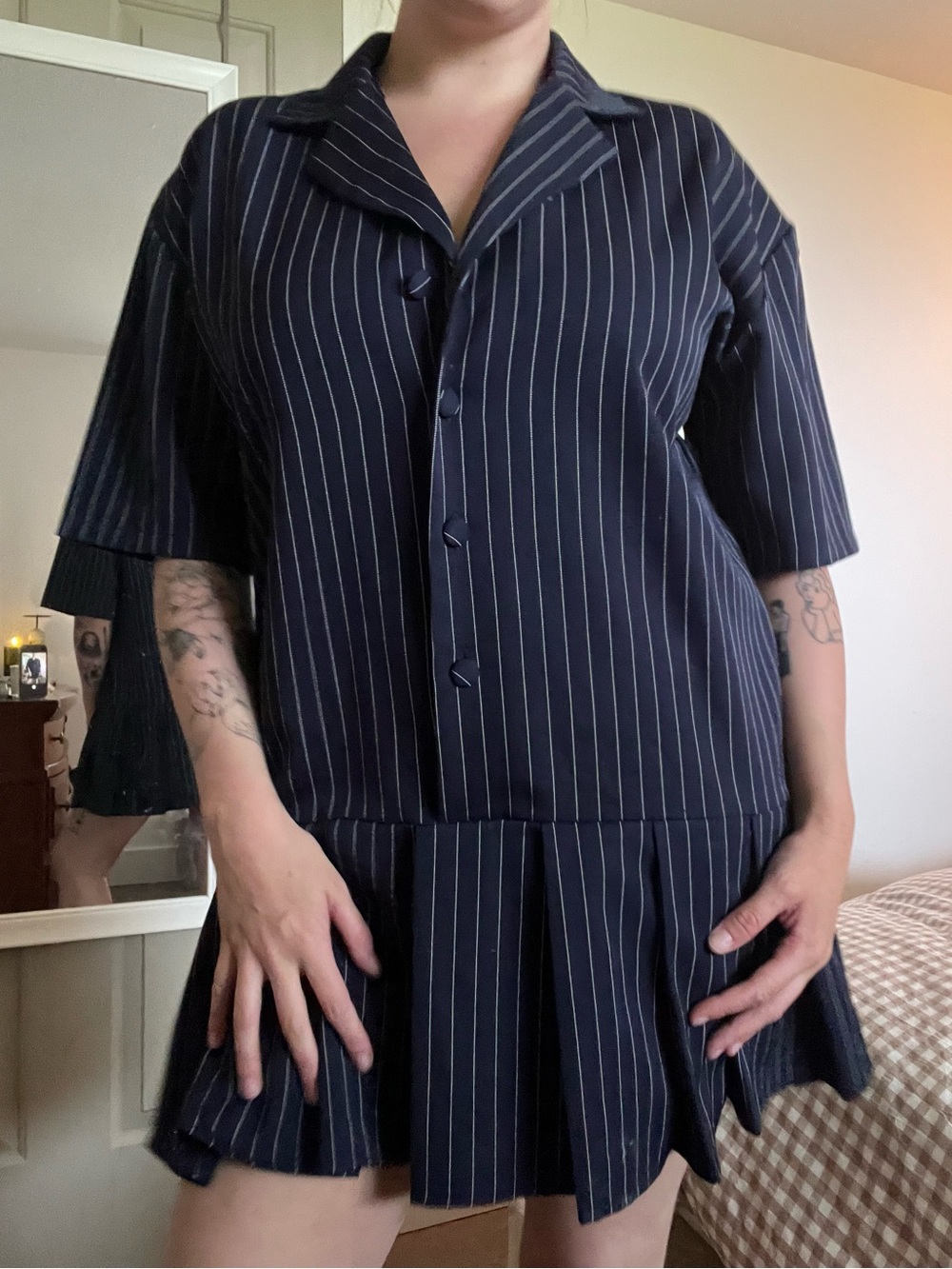 Drop Waist Navy Pinstripe Pleated Button-Down Collared Mini Dress